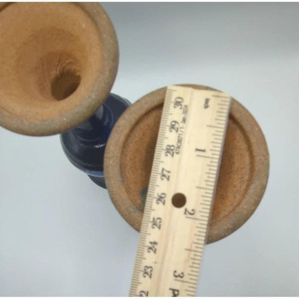 Vintage Studio Art Pottery Blue Drip Glaze Chalice Goblet Set 2 Piece 6.75in